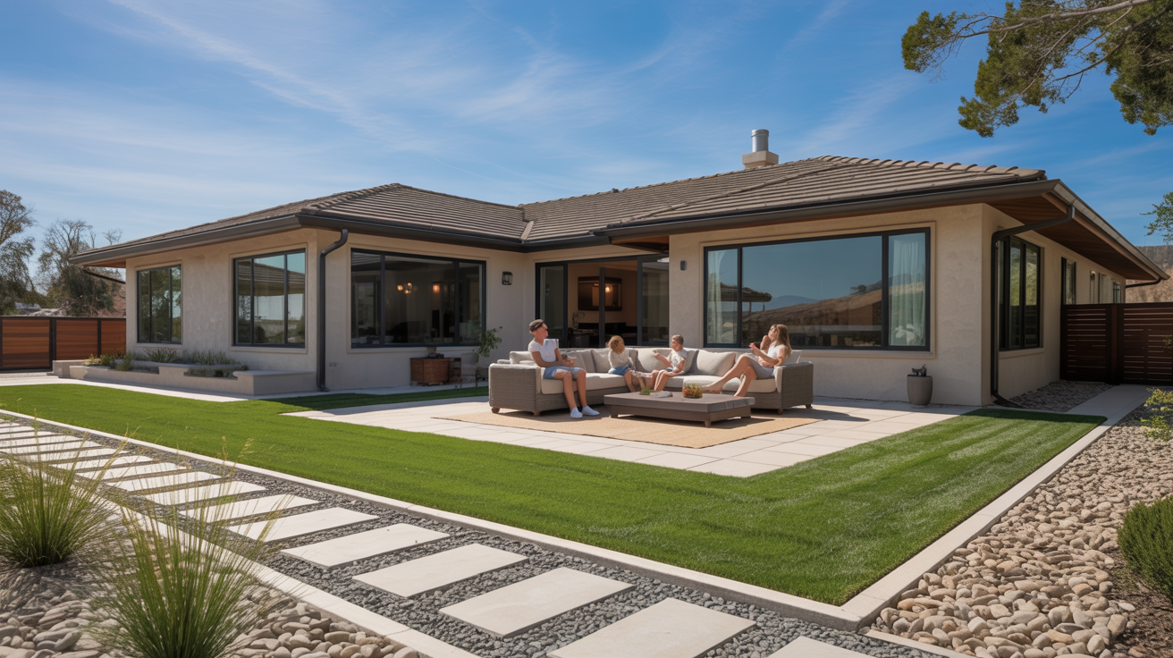Modern California ranch home with family enjoying backyard patio, featuring stone pavers, gravel pathways, and Zone 0 compliant non-combustible perimeter