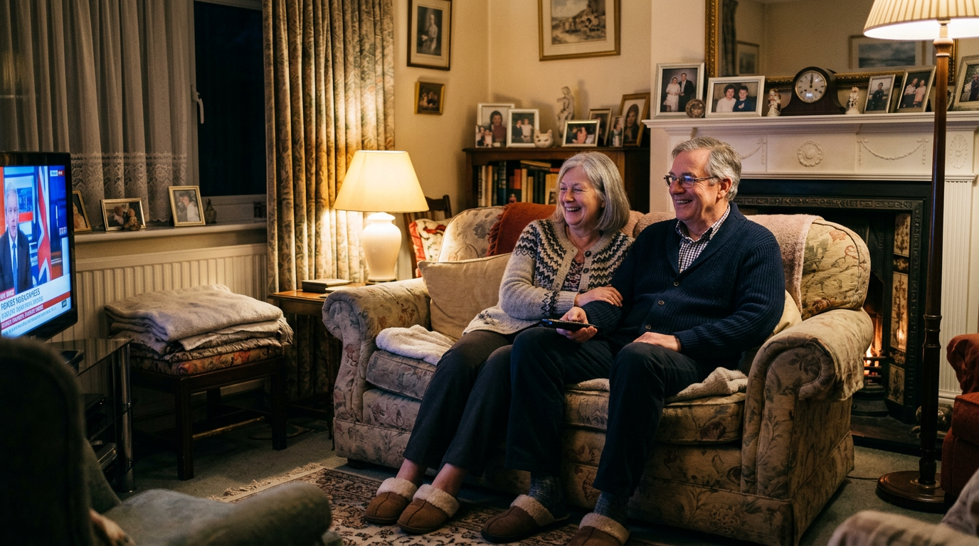An older British couple settled on the sofa watching television together with cups of tea