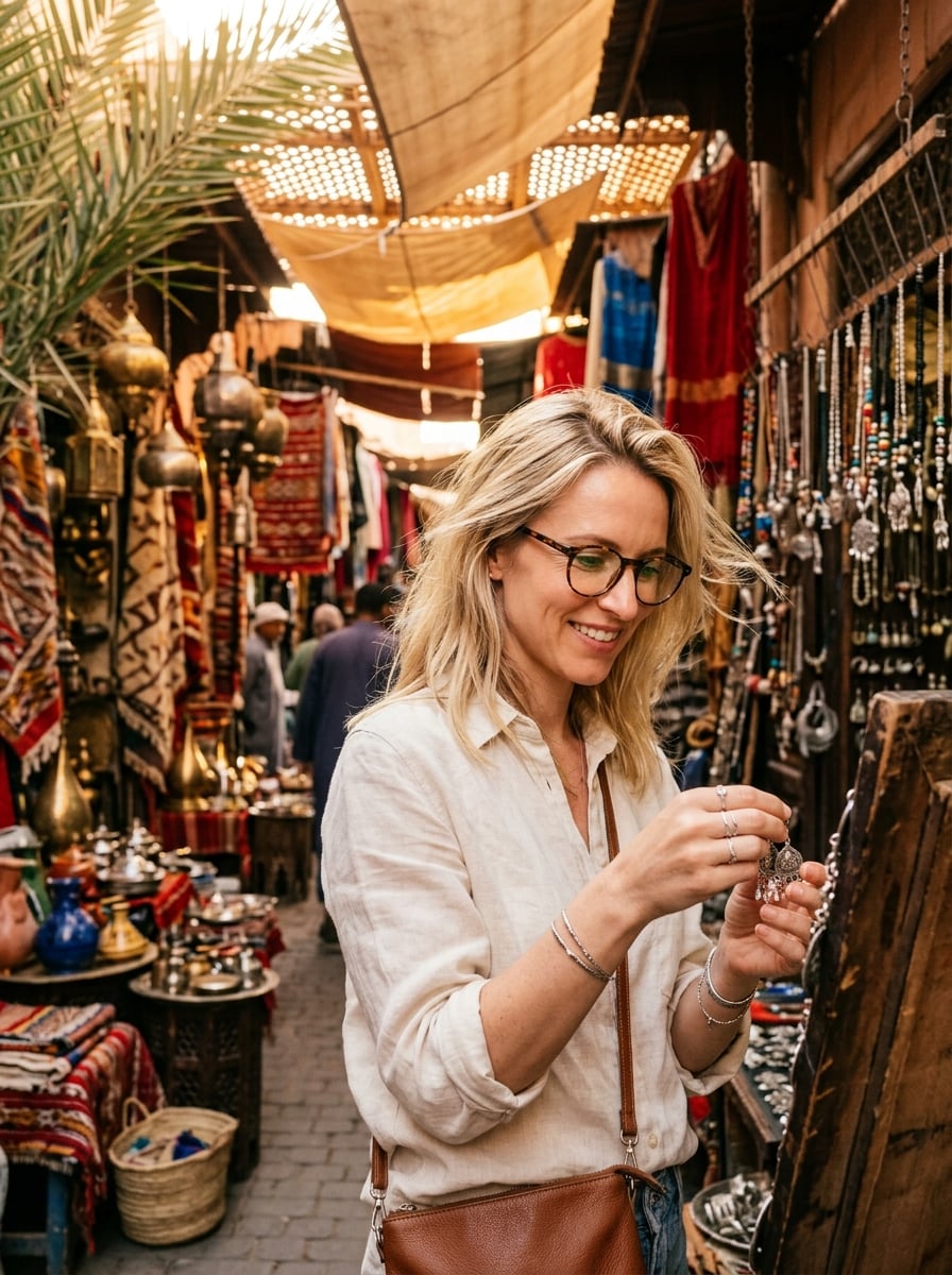Liz exploring a colorful souk in Marrakech, Morocco