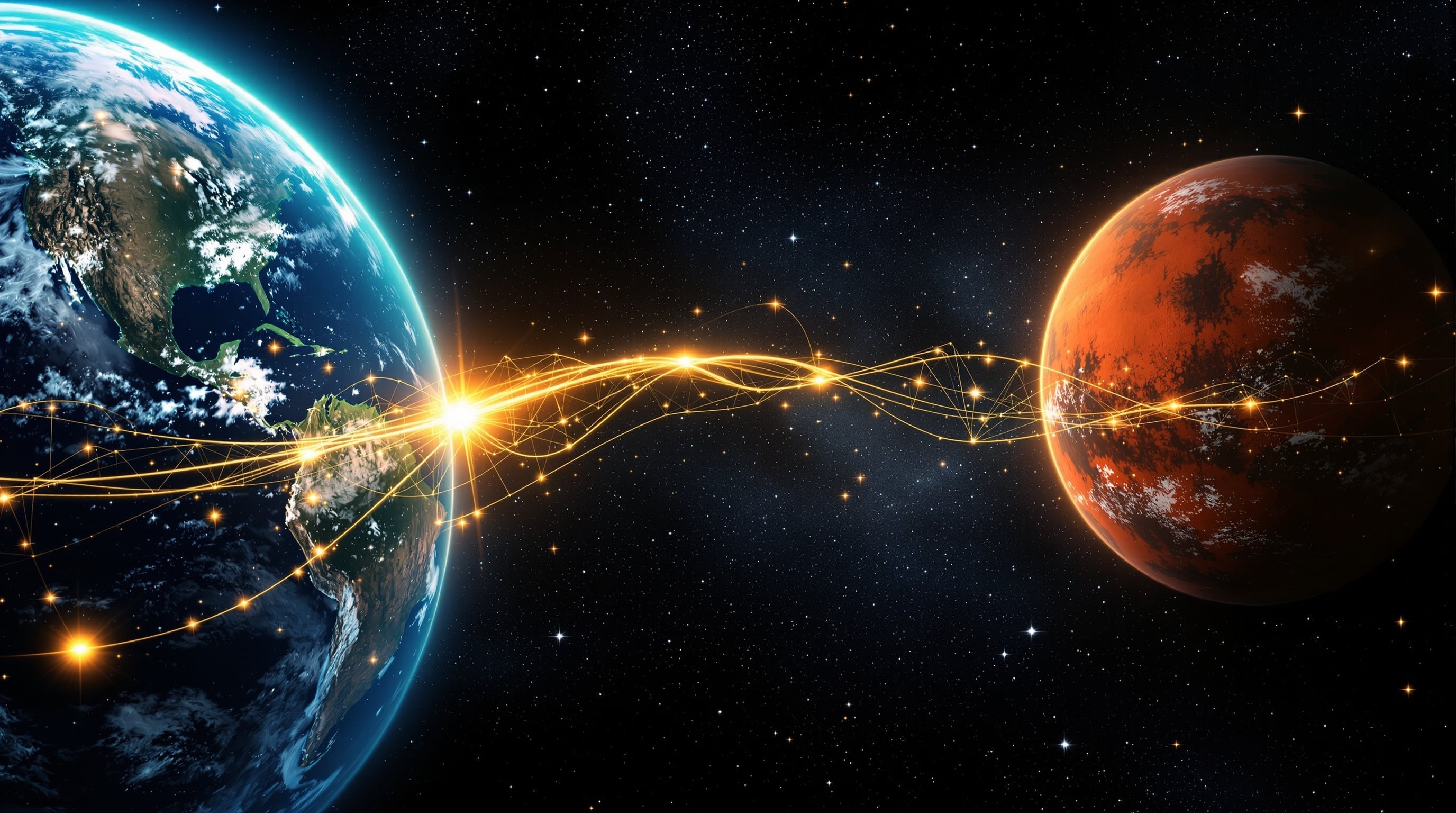 Earth and Mars connected by golden energy in cosmic space