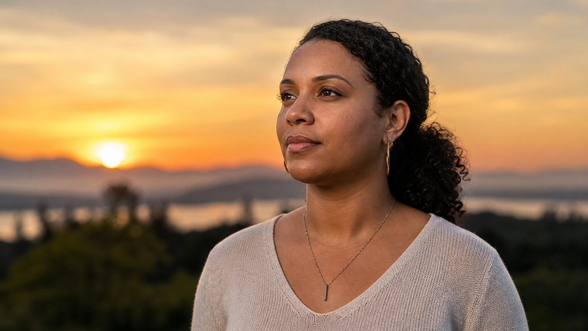 A woman veteran standing strong at sunrise, looking forward