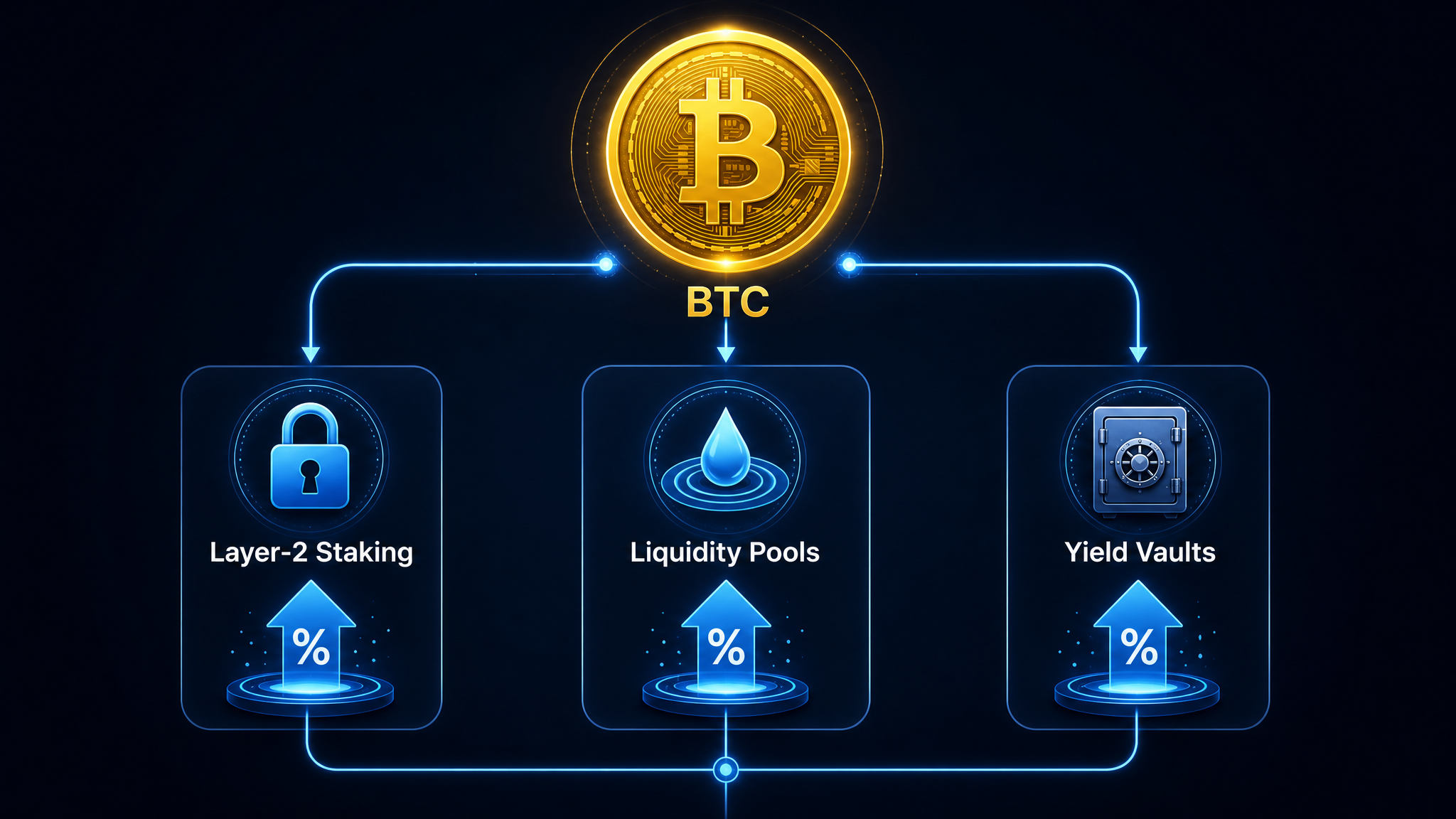 BTCFi ecosystem diagram showing Bitcoin flowing into Layer 2 staking, liquidity pools, and yield vaults