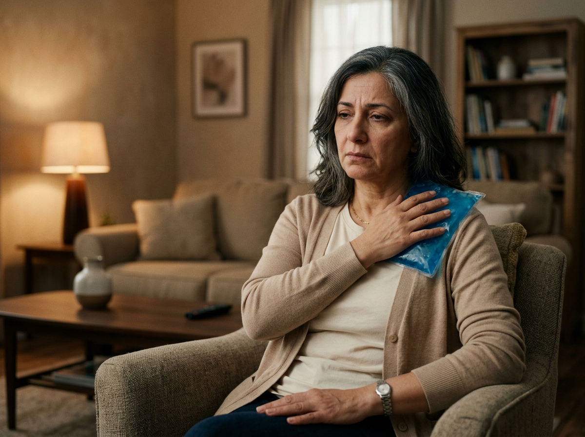 A Middle-Eastern woman veteran holding an ice pack against her upper chest and shoulder area, her face showing persistent discomfort from a clavicle injury