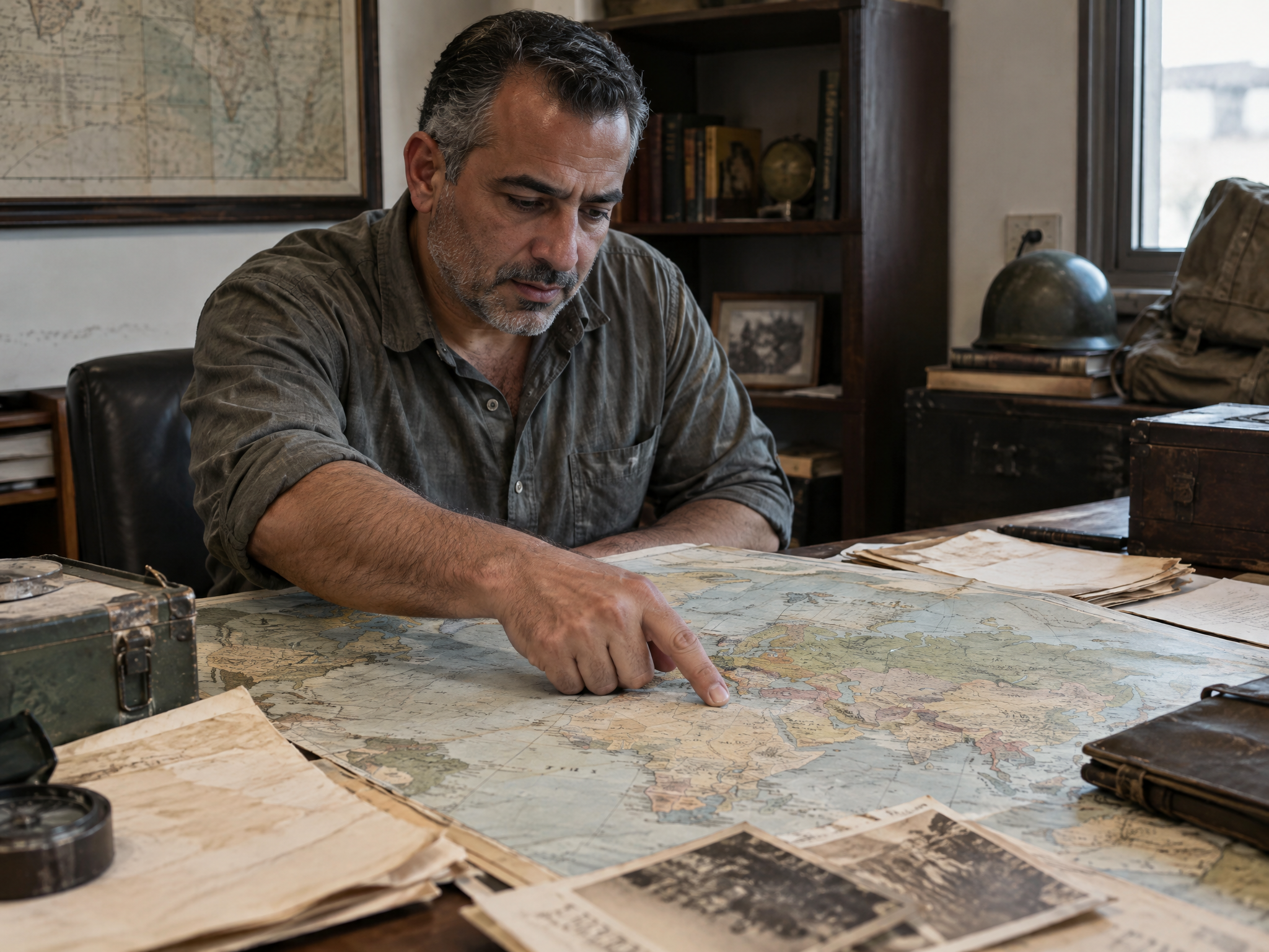 Veteran pointing to a past duty station on a world map beside his old orders