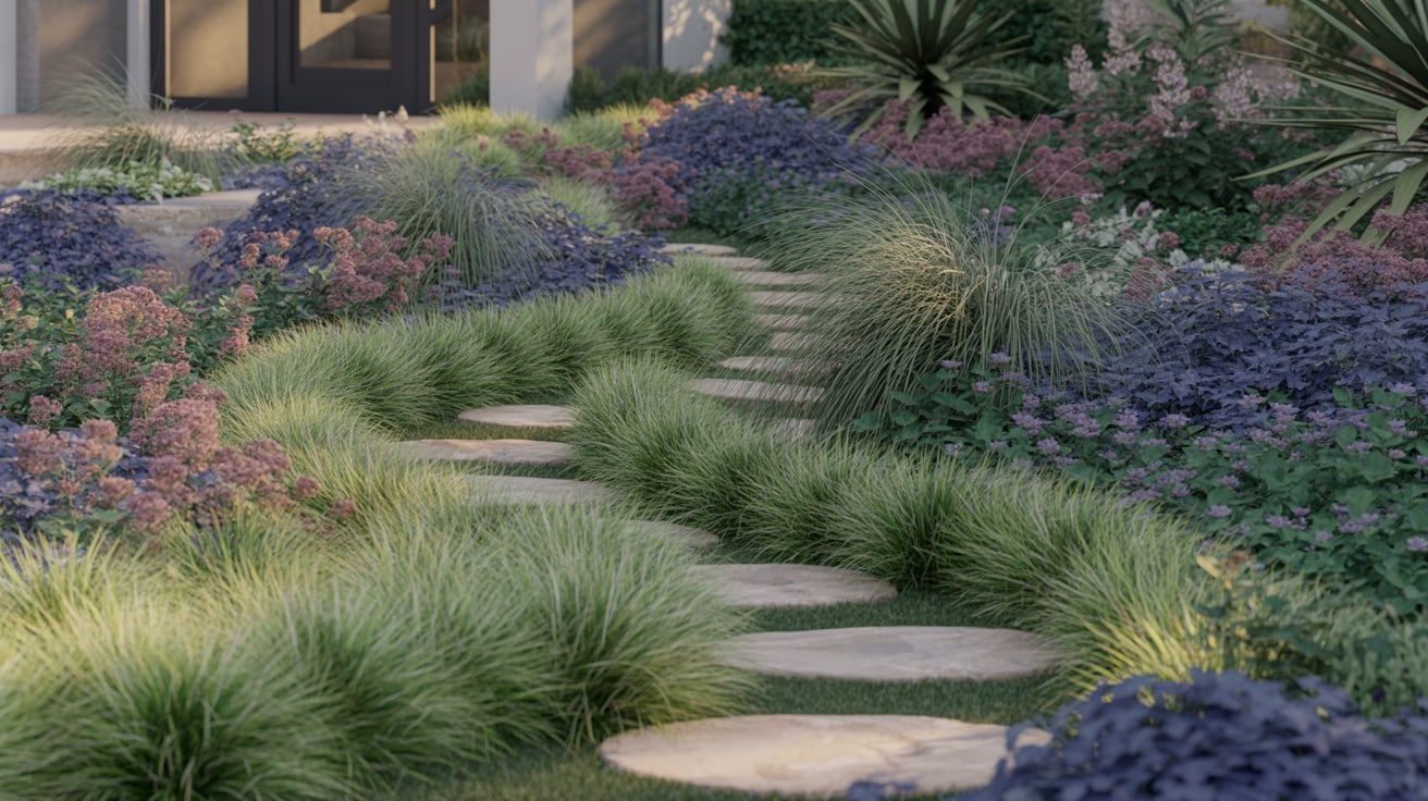 Serene garden pathway with ornamental grasses