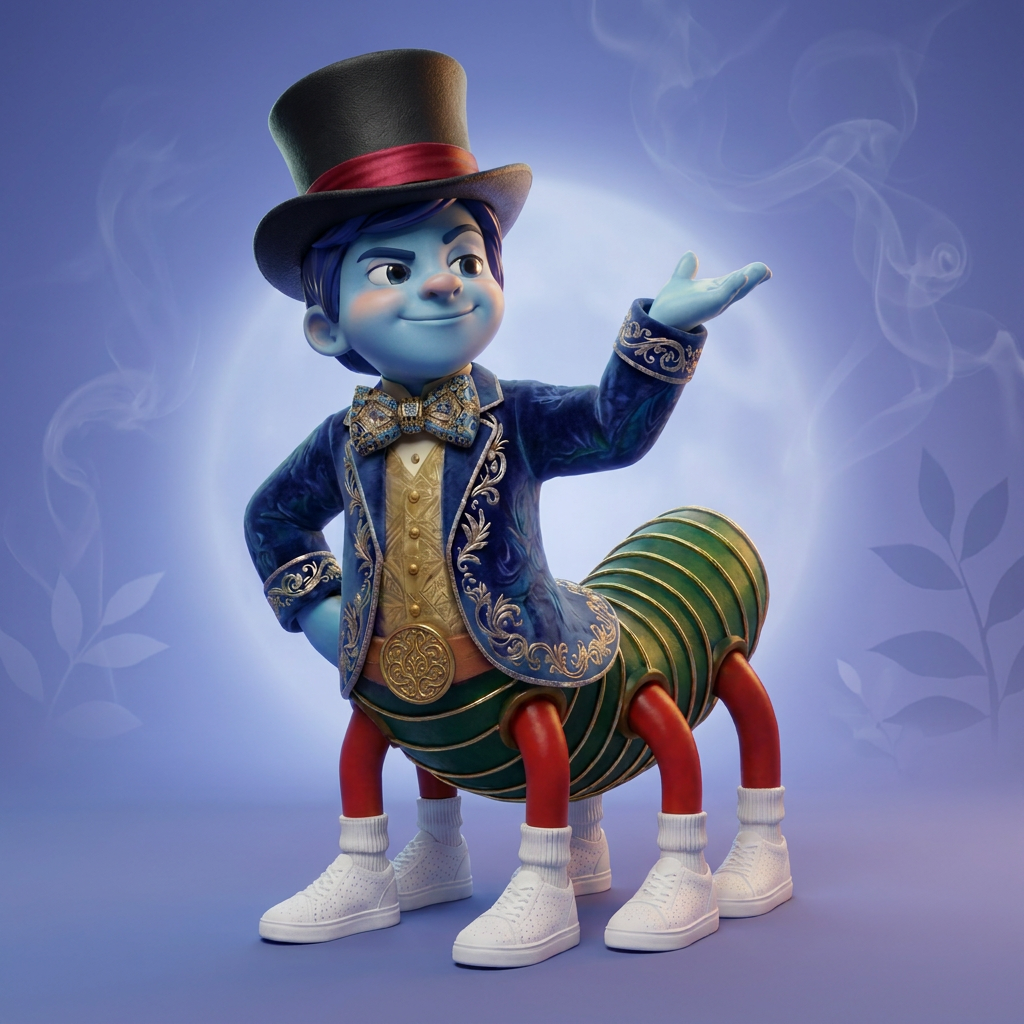 Absslem, the blue-faced Caterpillar Boy oracle in a top hat and embroidered coat, standing on a caterpillar body against a moonlit smoke backdrop