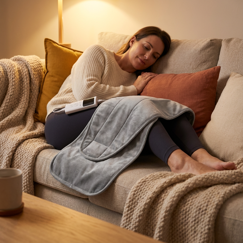 Femme utilisant la ceinture chauffante sur les pieds