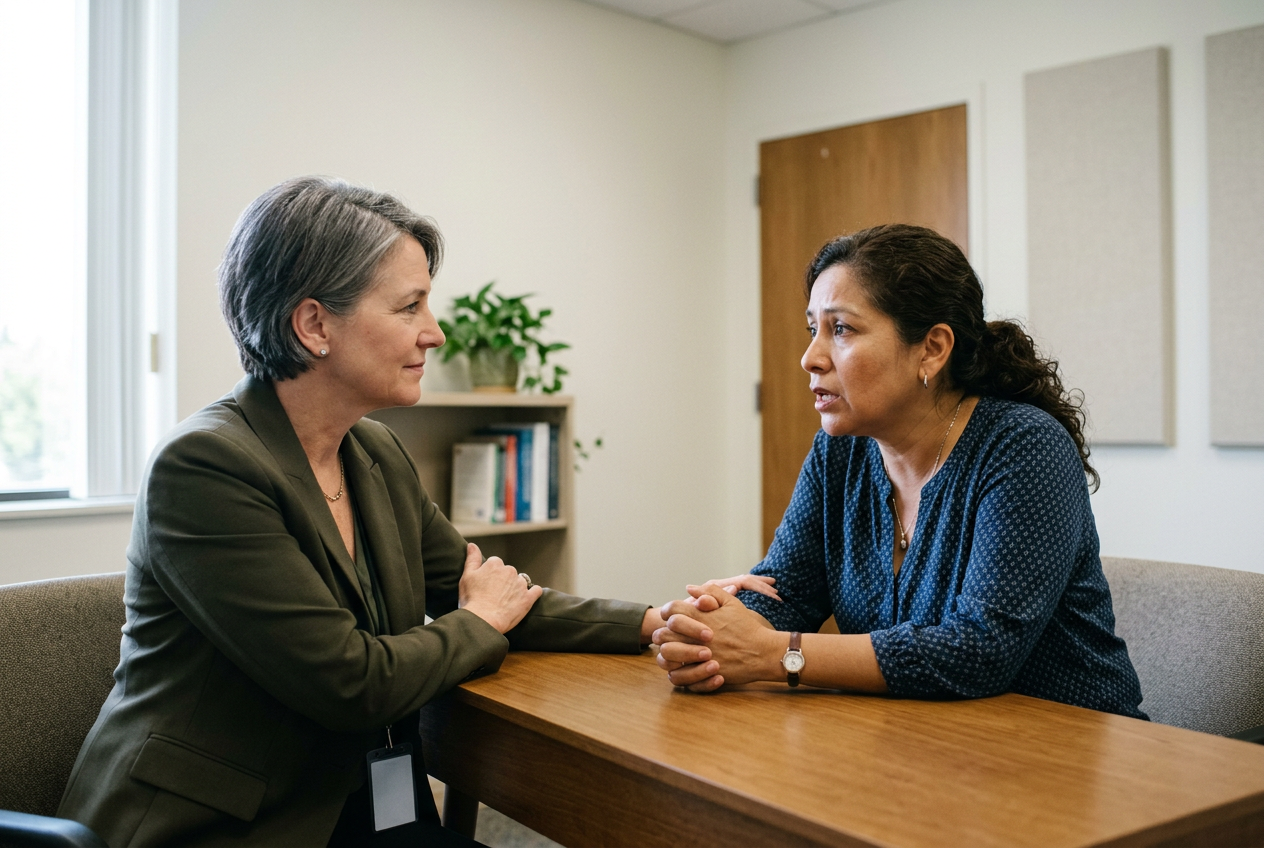 A concerned Hispanic woman speaking earnestly to a clinician across a desk about her partner's condition