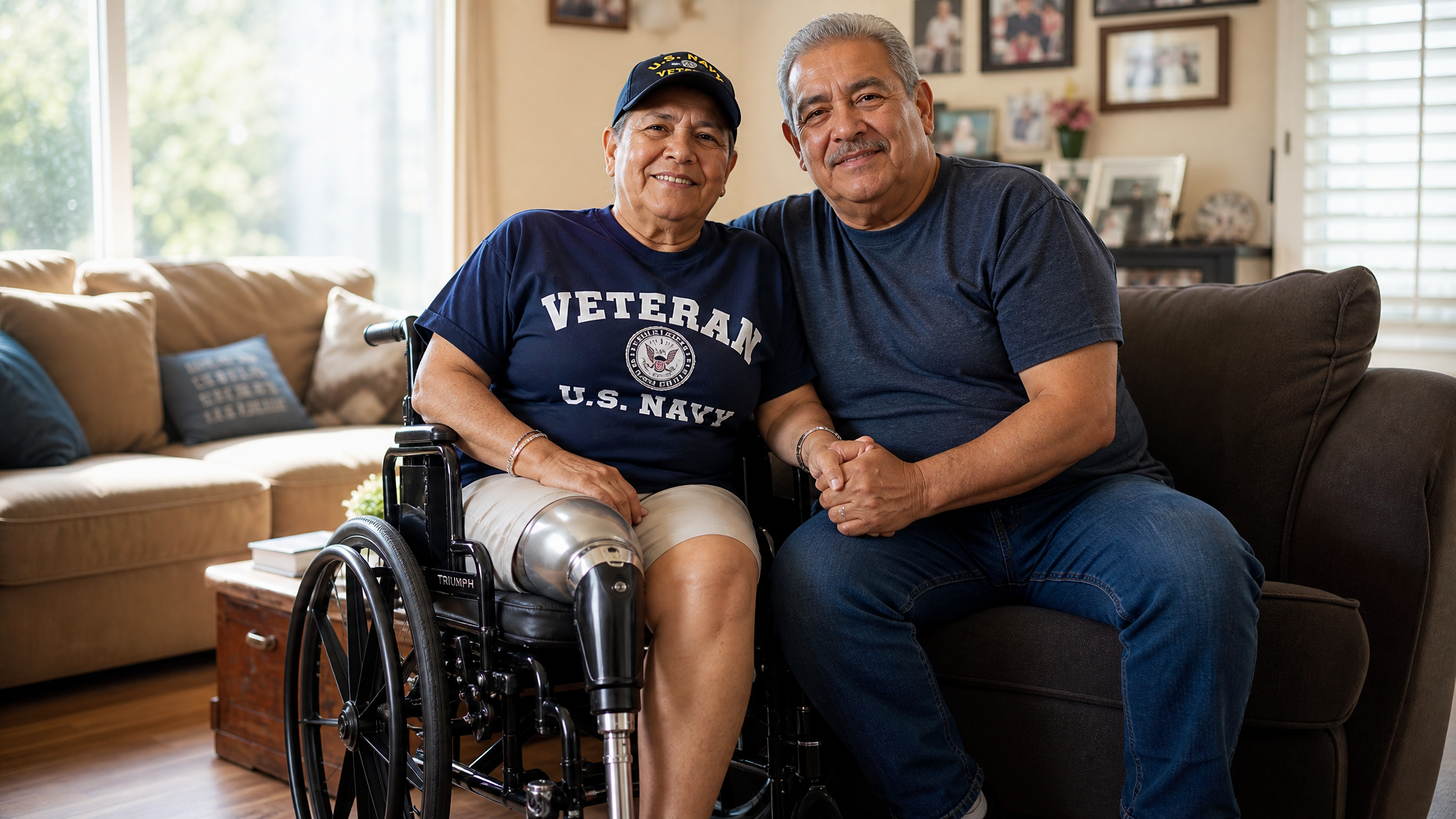 A senior Latina female veteran who is an amputee, using a wheelchair and smiling beside her supportive spouse at home