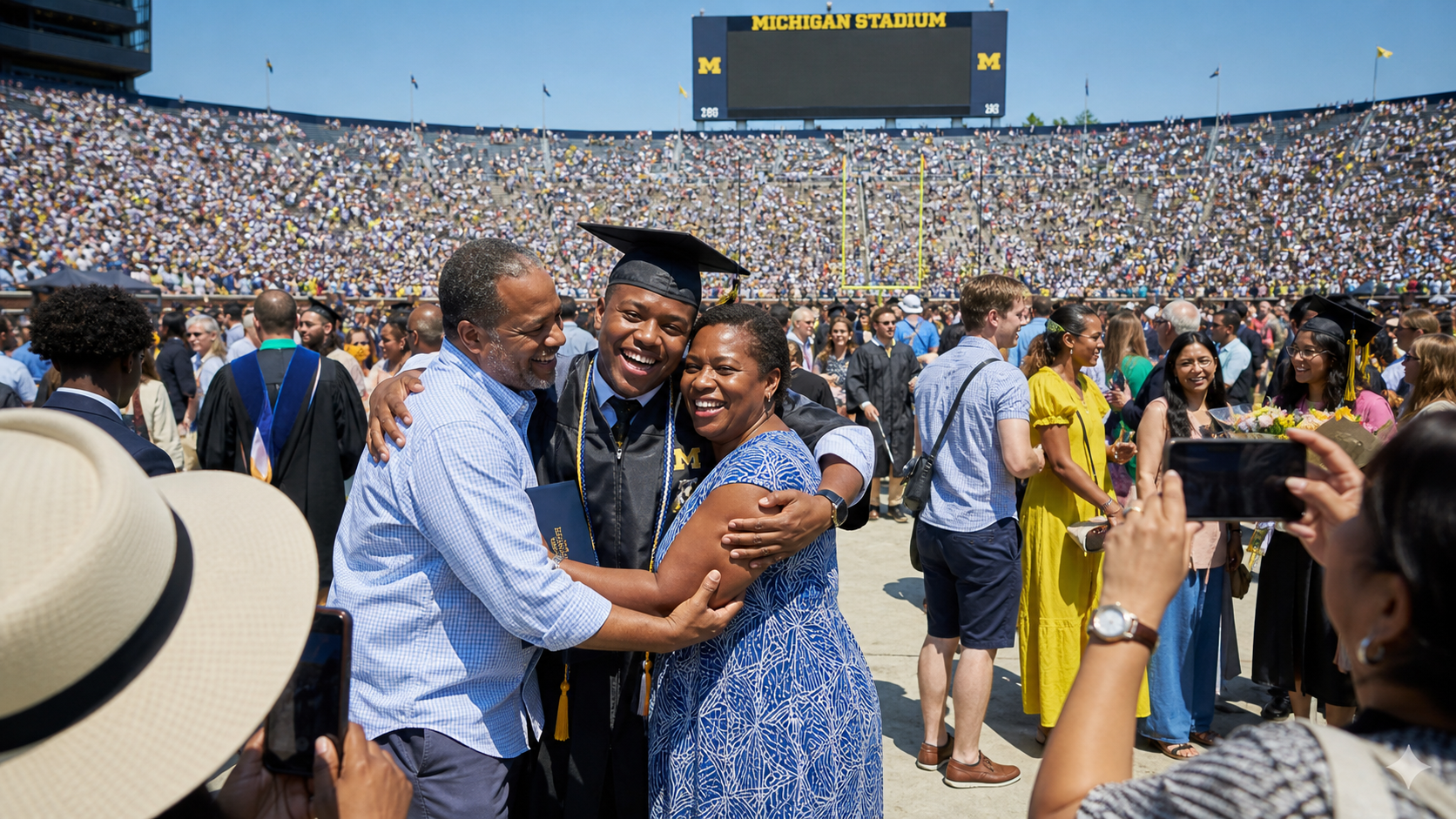 Diverse multinational families celebrating at a college graduation ceremony in a football stadium