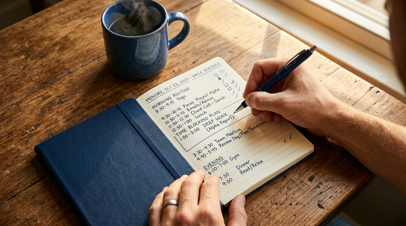 Mãos escrevendo planejamento diário estruturado em caderno