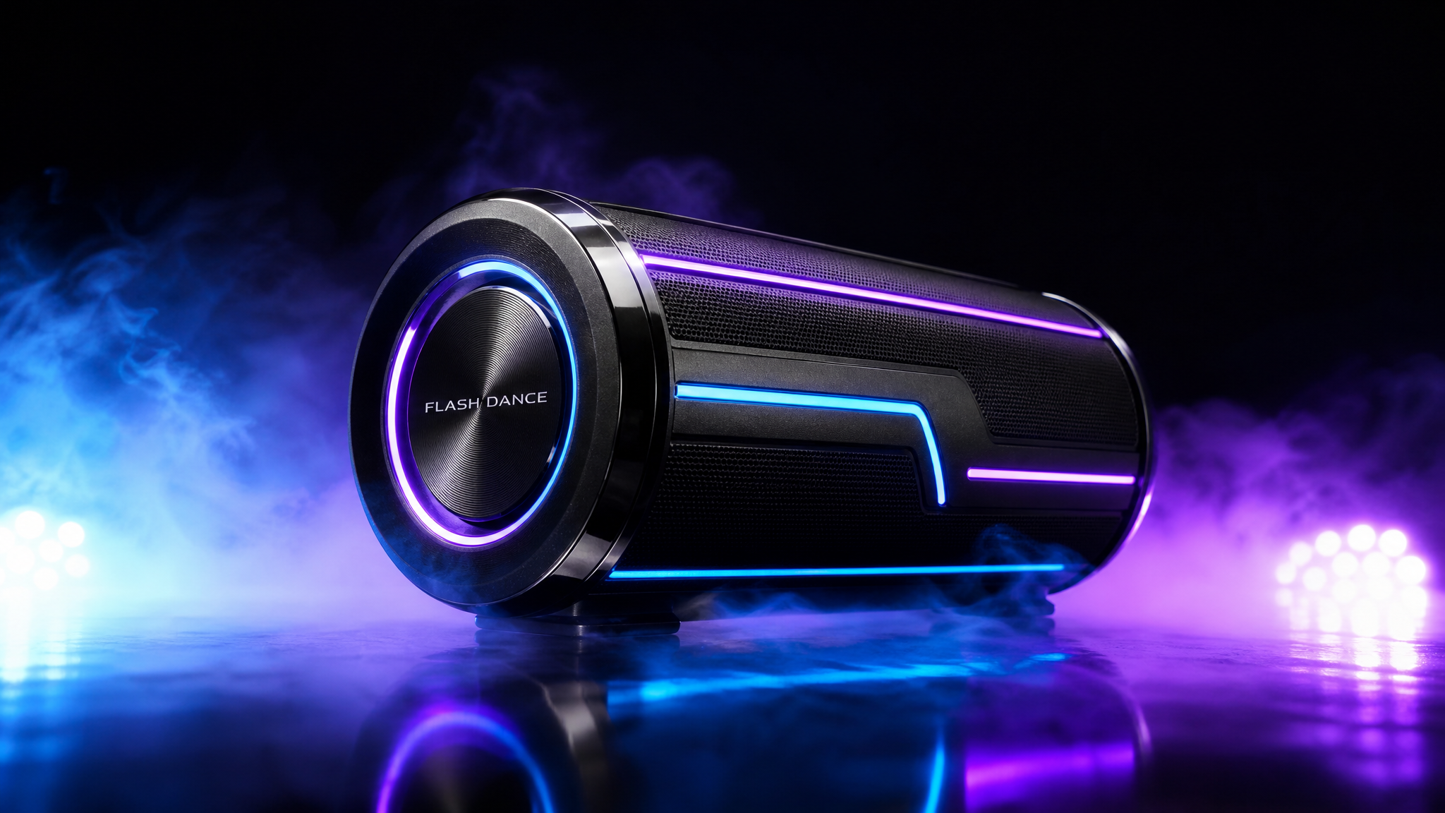 Stroboscopic Speaker with glowing LED arrays in electric blue and neon purple on a dark reflective surface