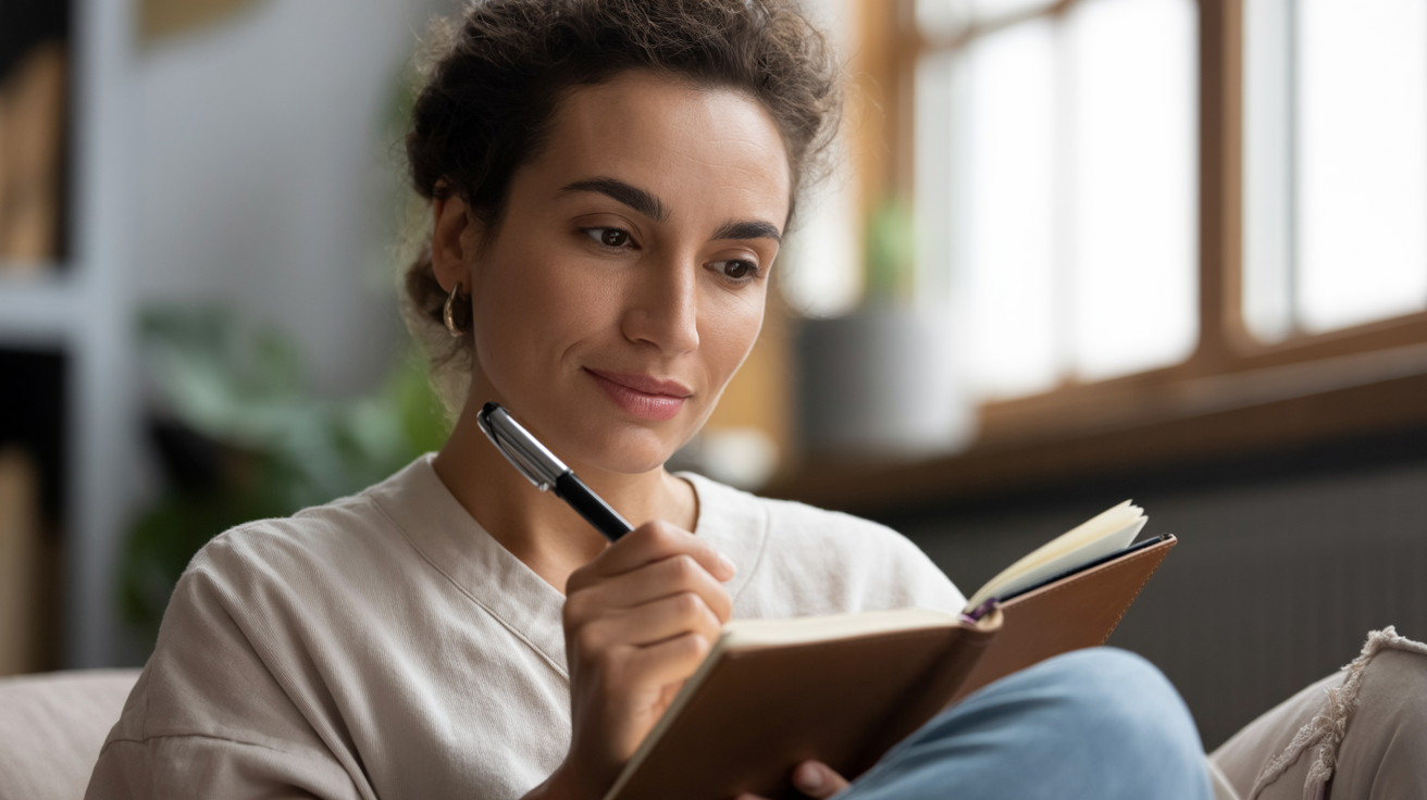 A woman thoughtfully writing in a journal, representing the conscious reflection and thought work central to CBT