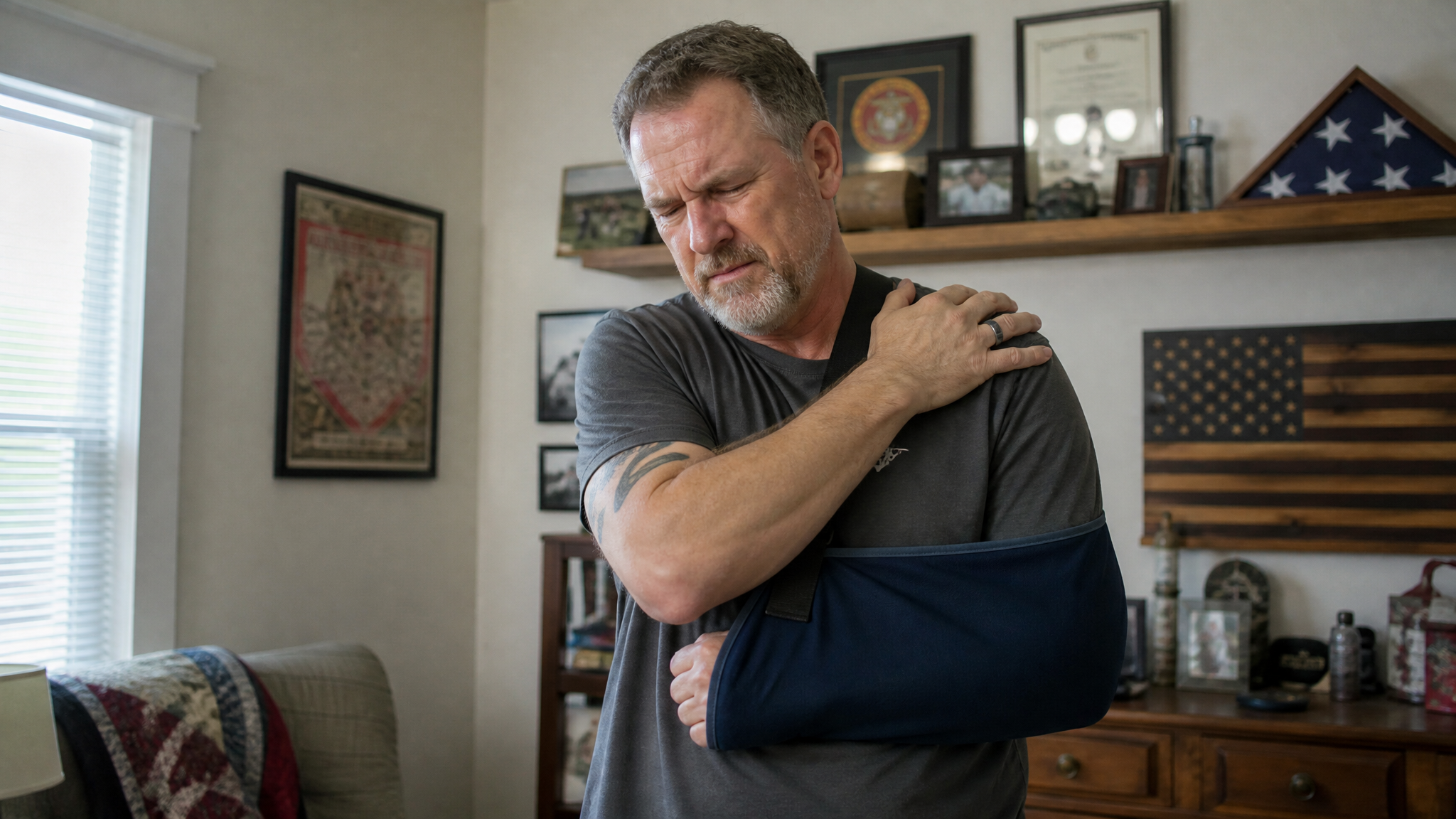 A veteran with one arm in a sling rubbing his opposite shoulder from compensatory overuse pain