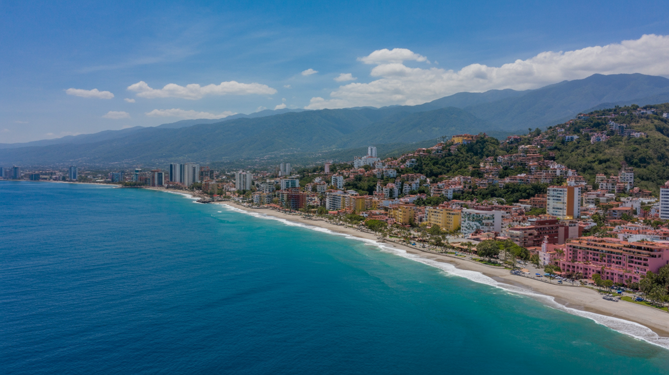 Aerial view of Puerto Vallarta Mexico with coastline and colorful buildings