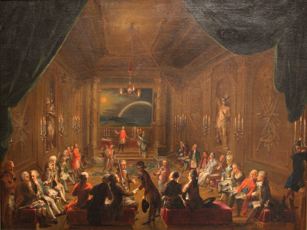 Eighteenth-century Viennese painting of a Masonic lodge meeting with members in formal dress