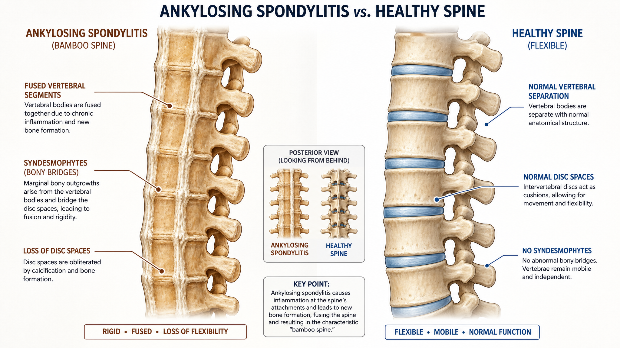 Anatomical illustration of ankylosing spondylitis showing fused vertebrae forming the classic bamboo spine appearance