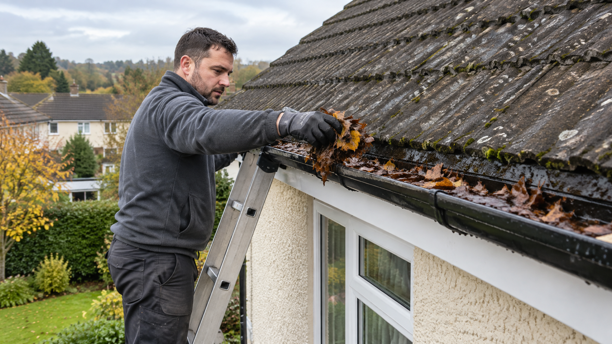 Clearing leaves from a gutter on an Irish home