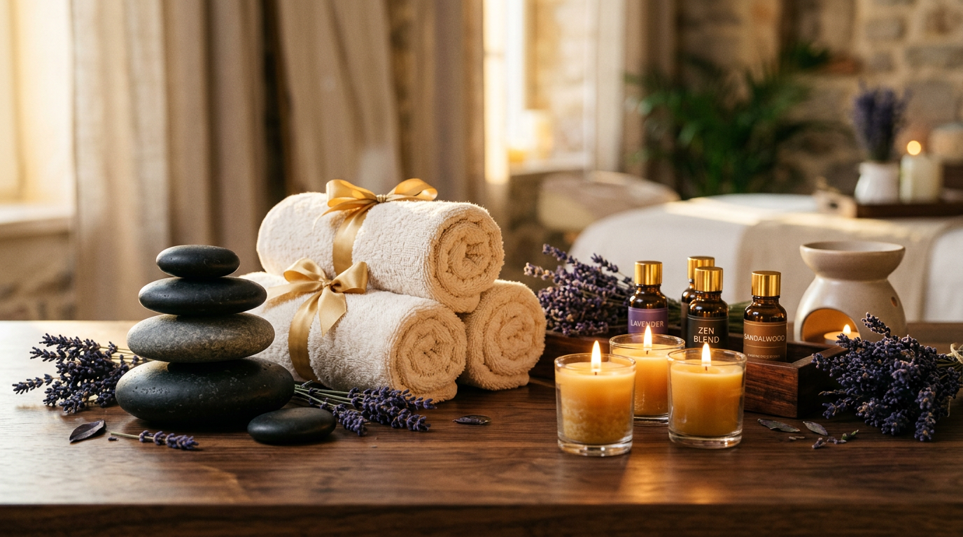 Calming spa scene with candles and massage oils