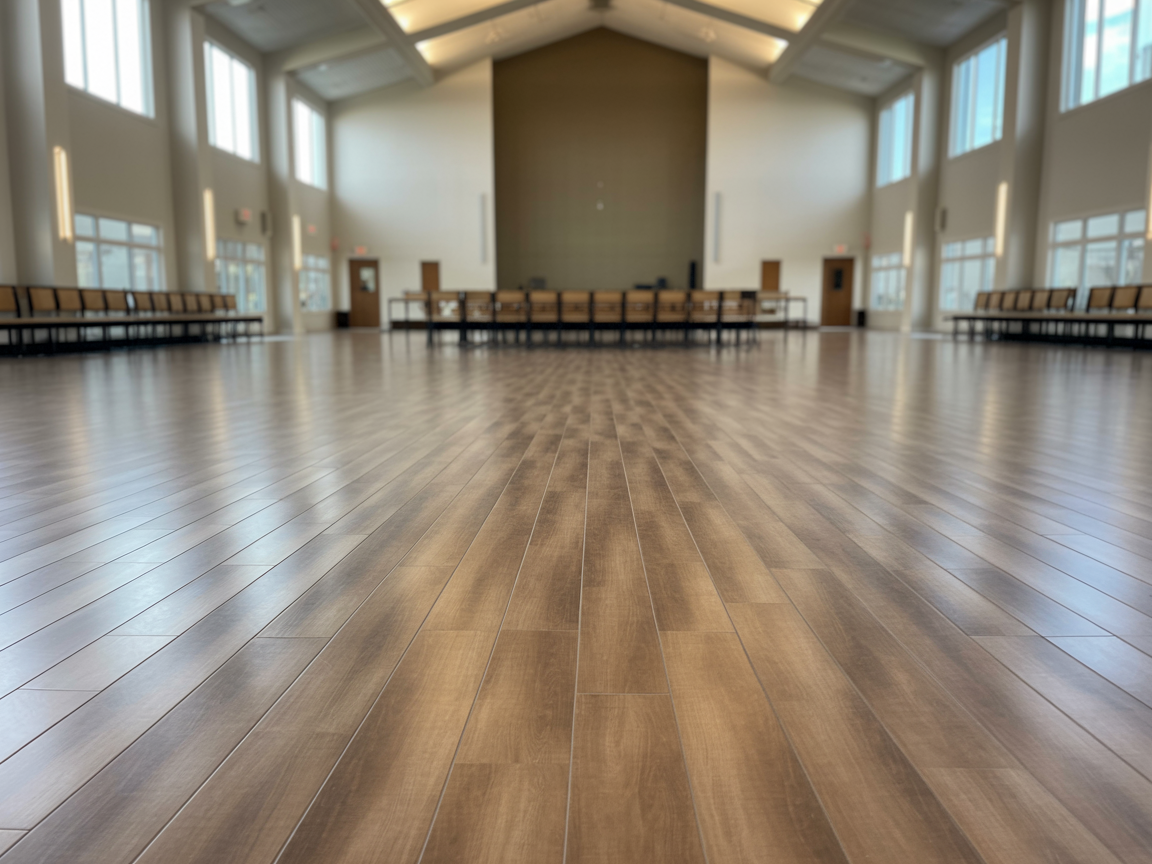 Modern church fellowship hall with vinyl plank flooring