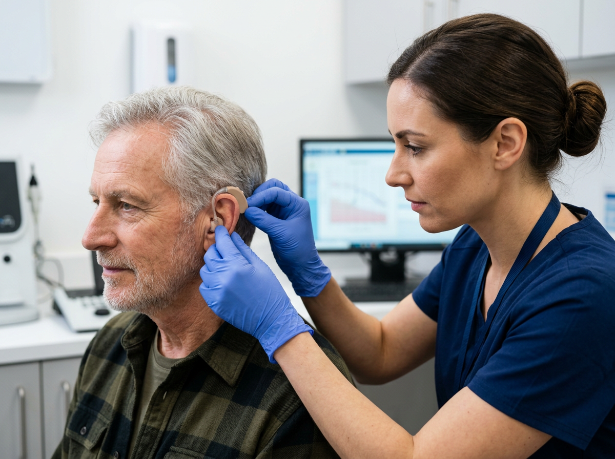 An audiologist carefully fitting a hearing aid on a veteran during a clinical appointment