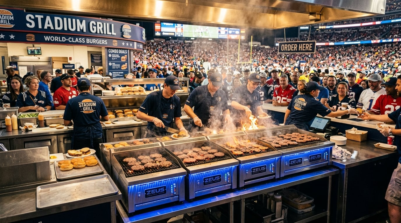 Multiple Zeus Industrial units in a stadium concession stand cooking burgers at scale during a major event