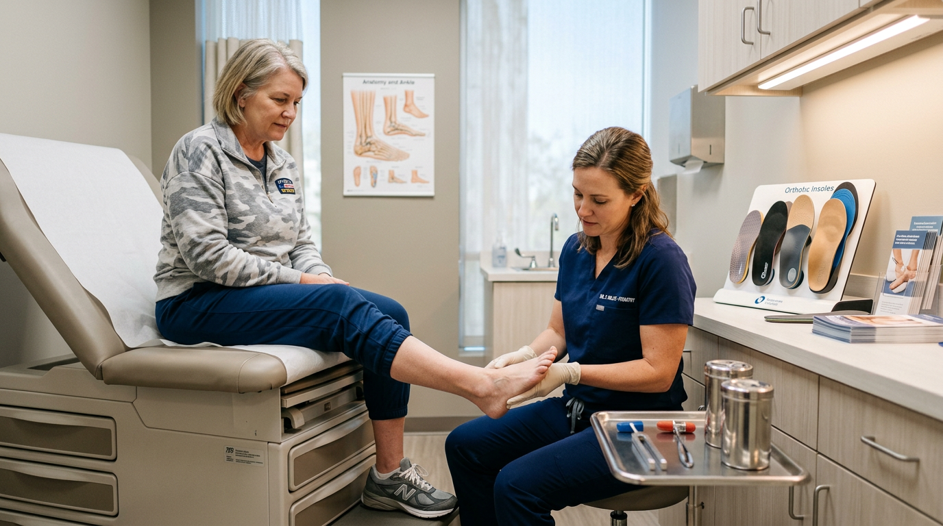 A woman veteran wincing at sharp heel pain with her first steps in the morning