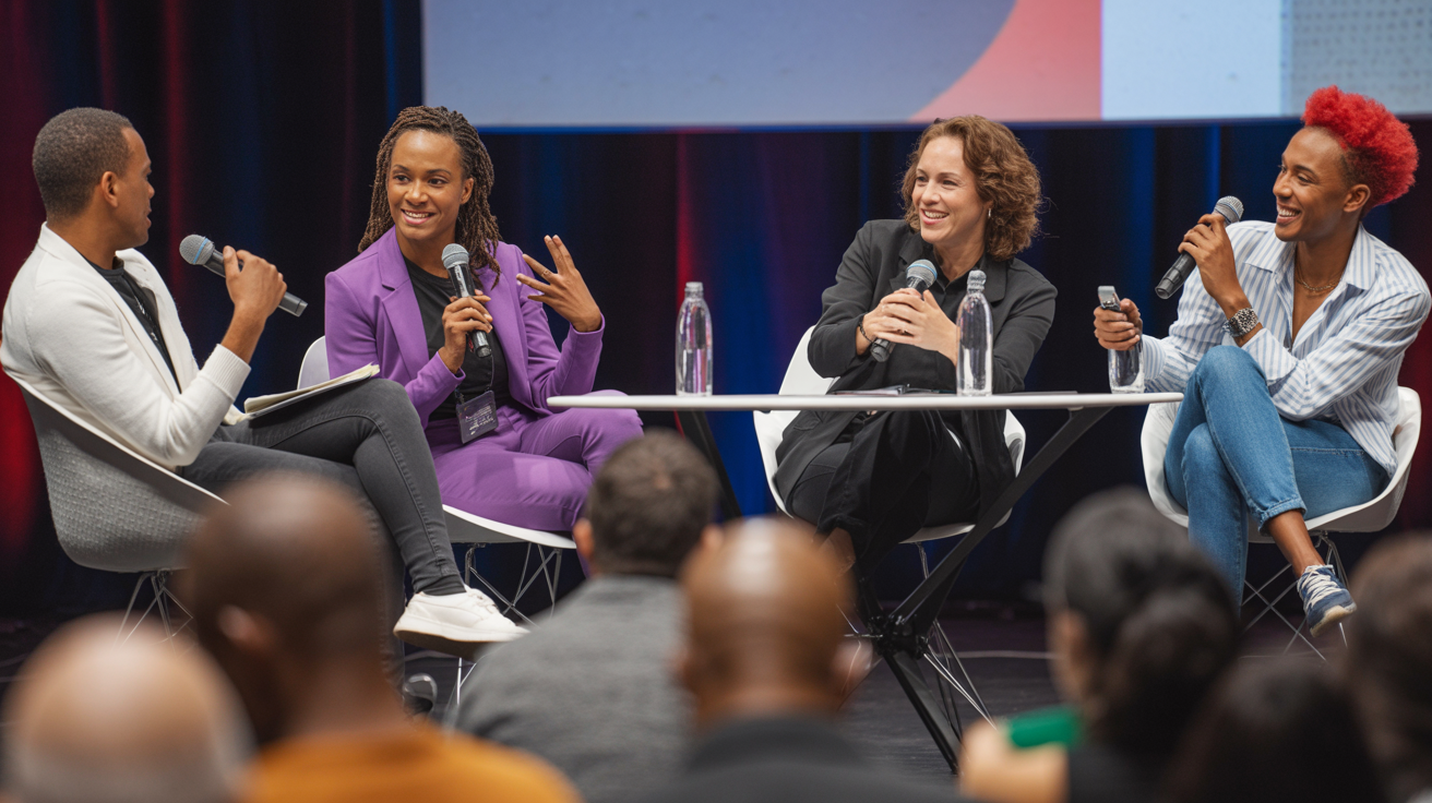 Panel discussion on stage with diverse speakers and audience