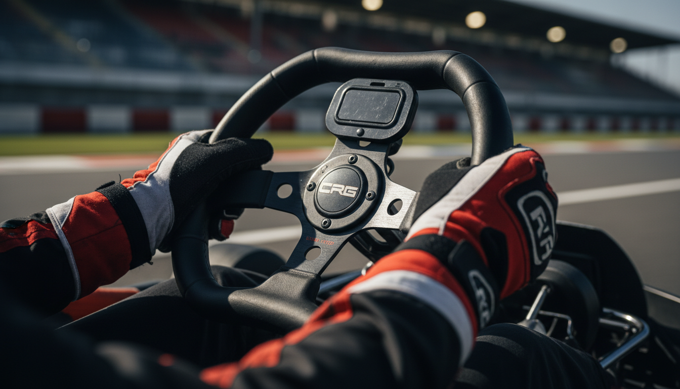Mãos com luvas de piloto segurando o volante do kart com firmeza