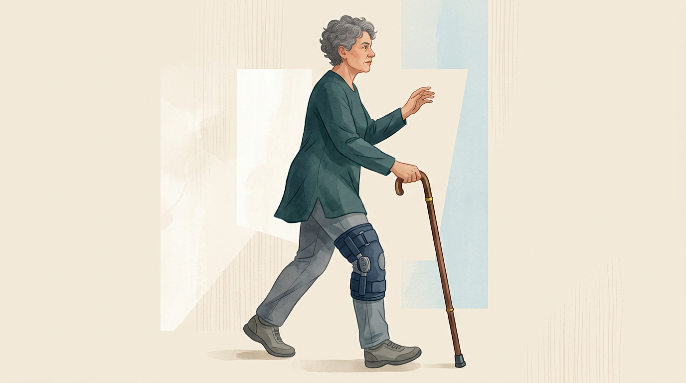 Illustration of a person wearing a hinged knee brace and gripping a walking cane while moving forward