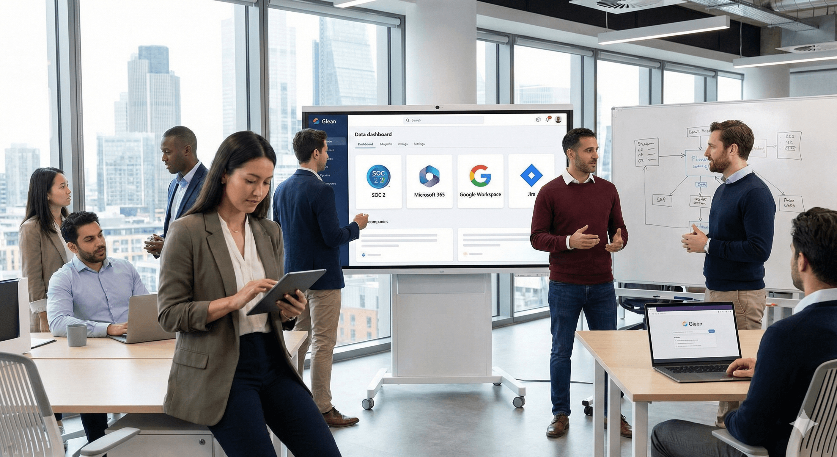 Professional team collaborating in modern workspace with technology screens
