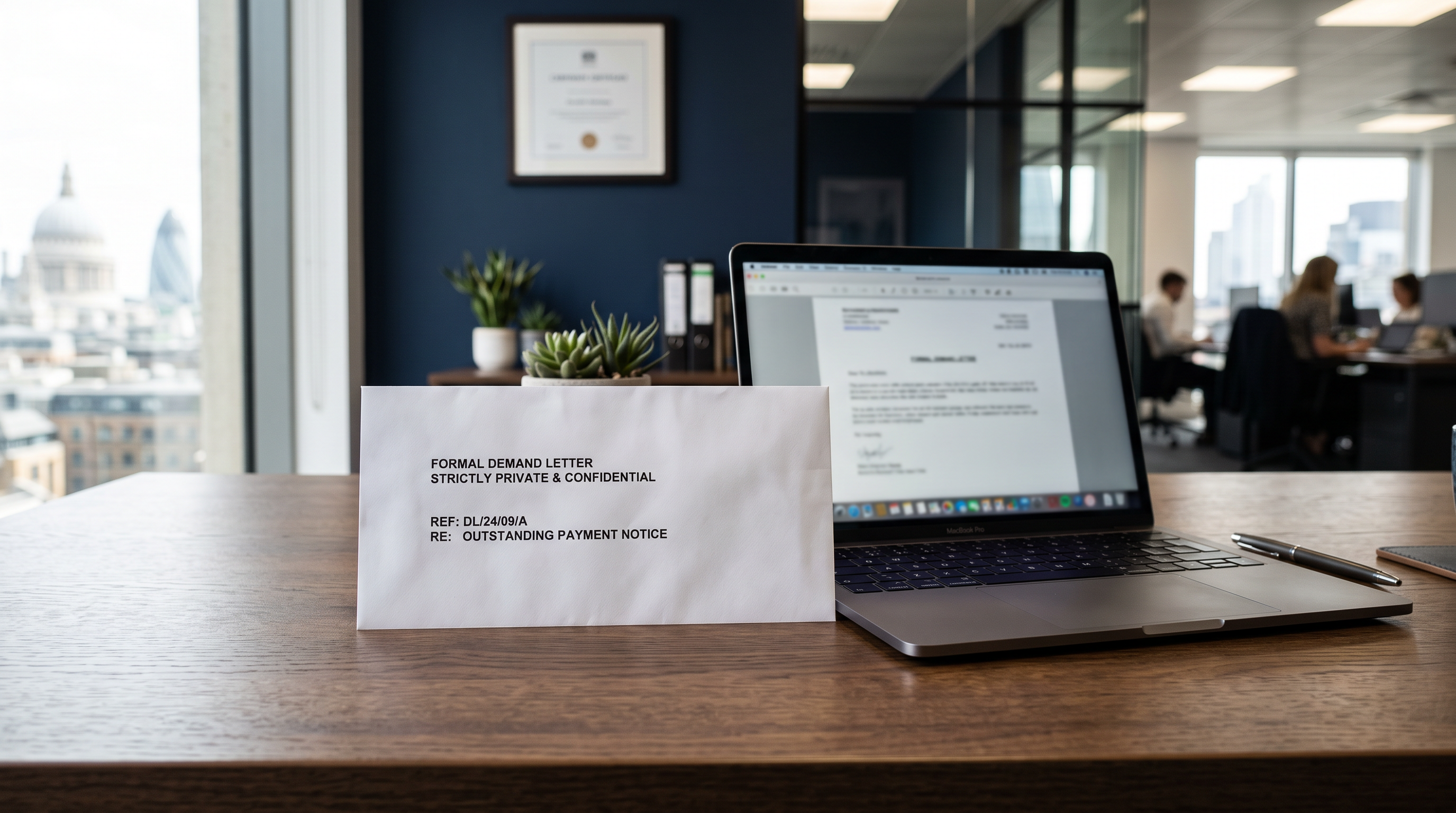 Formal demand letter in an envelope on a desk beside a laptop in a UK office