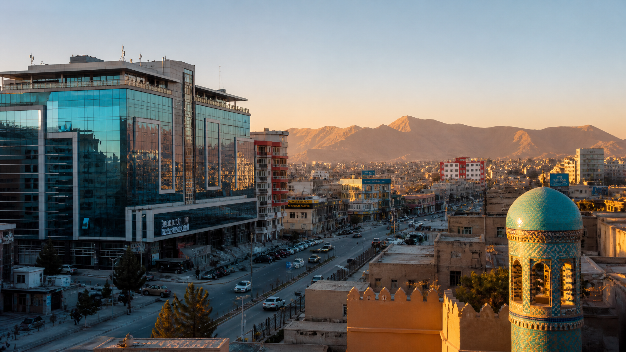 Modern Kabul cityscape with mountains at golden hour