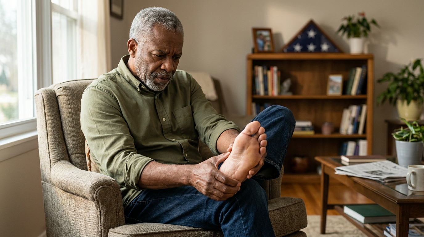 Black male veteran in his 60s inspecting the sole of his bare foot for diabetic neuropathy complications