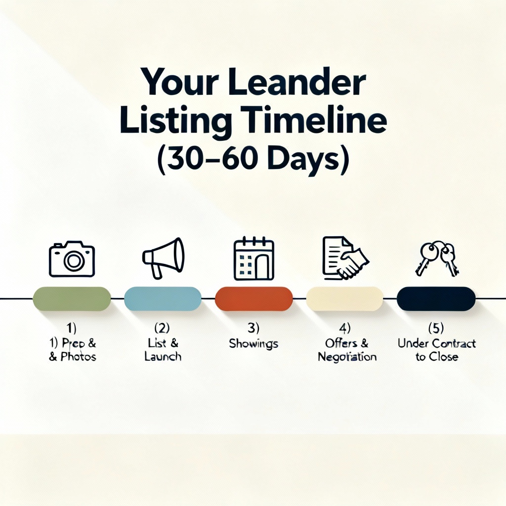 Leander listing timeline: prep & photos, list & launch, showings, offers & negotiation, under contract to close