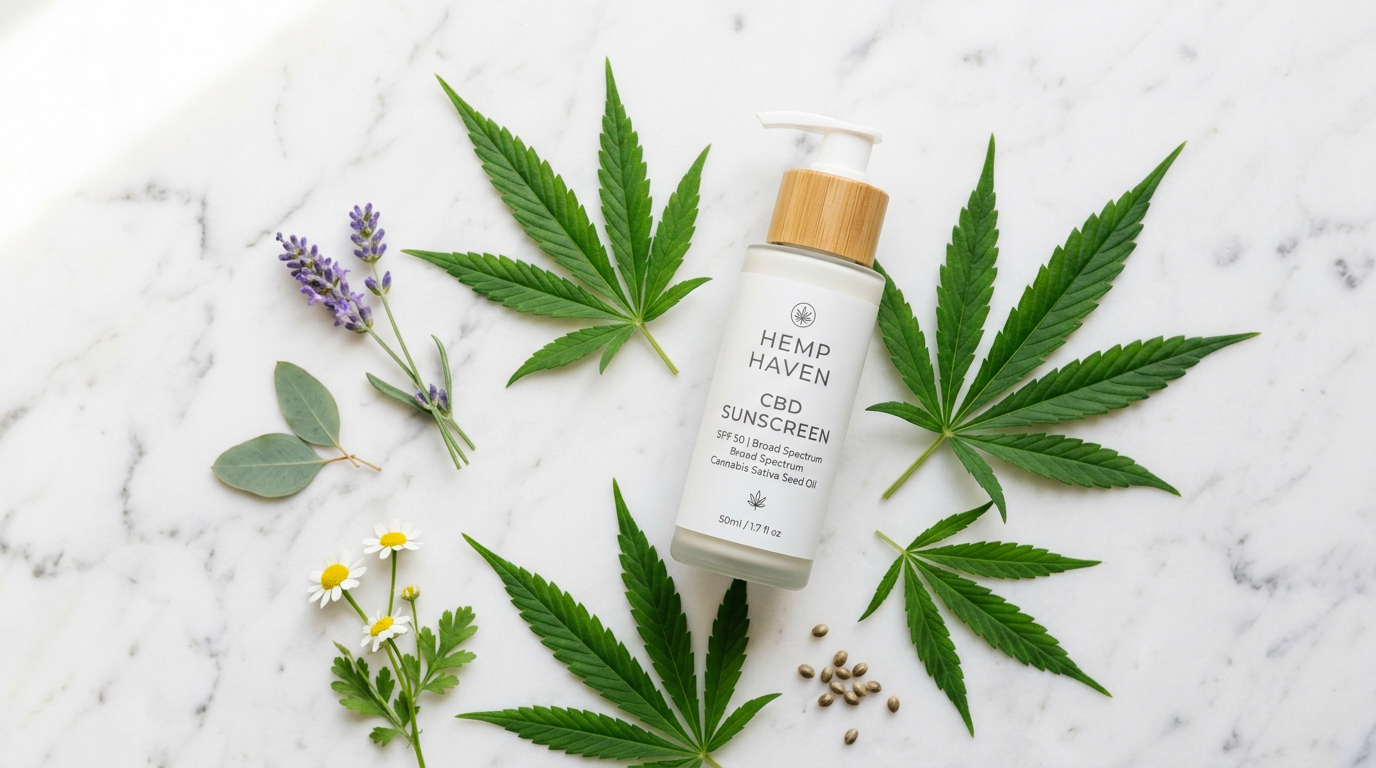 CBD SPF sunscreen product with hemp leaves on marble surface