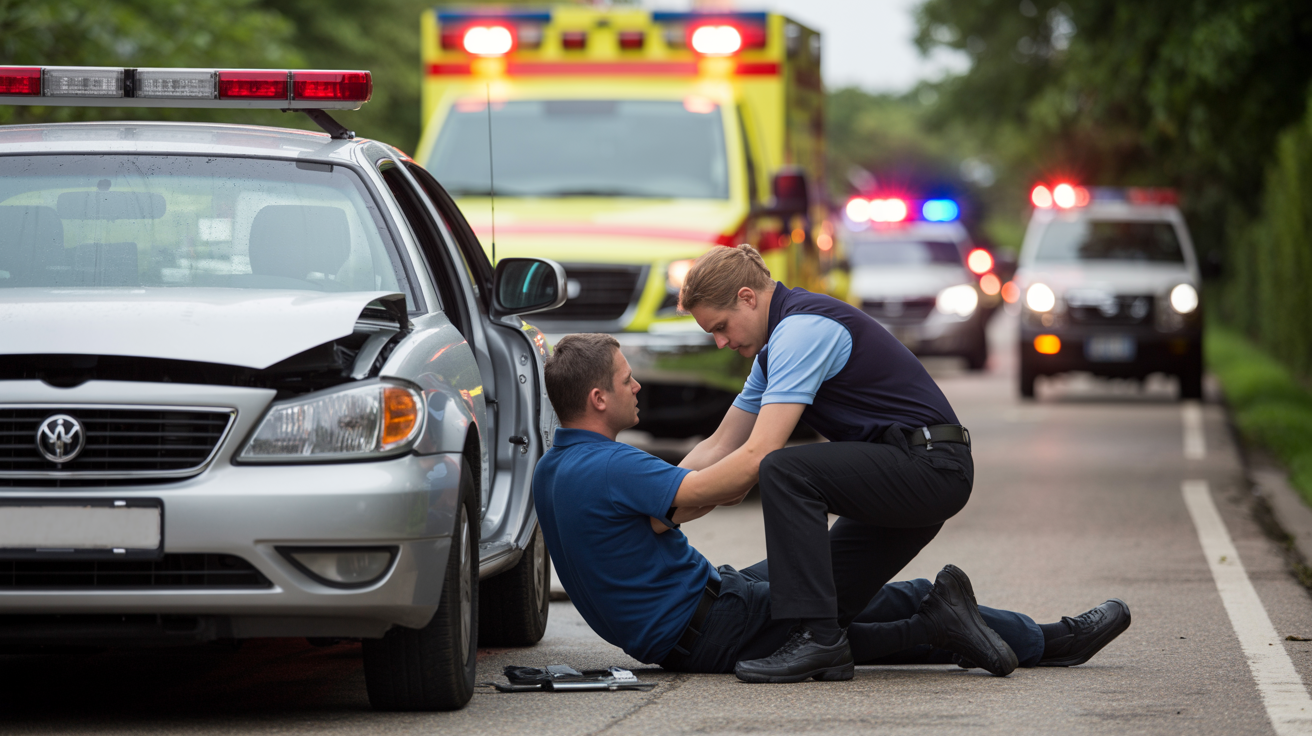 Paramedic providing care to car accident victim