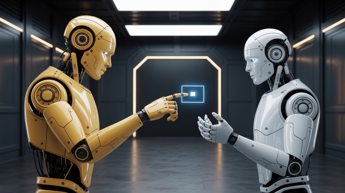 Cinematisches Editorial-Visual eines eleganten dunklen Raums mit einem spezialisierten goldenen Roboterarm und einem verschwommenen humanoiden Roboter im Hintergrund – Symbol für den Vorteil von Spezialisten gegenüber Generalisten