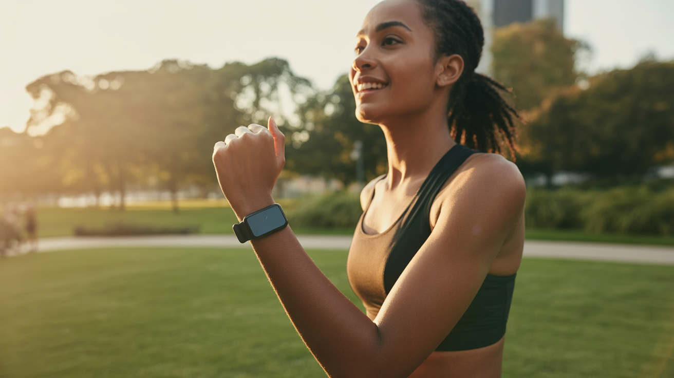 Active woman wearing WellnessTrackr Pro while jogging