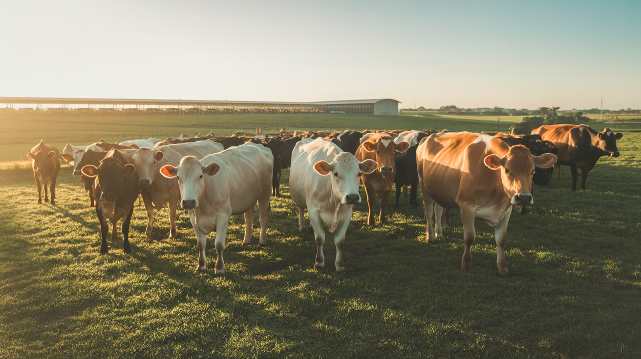 Fazenda moderna brasileira com rebanho ao amanhecer