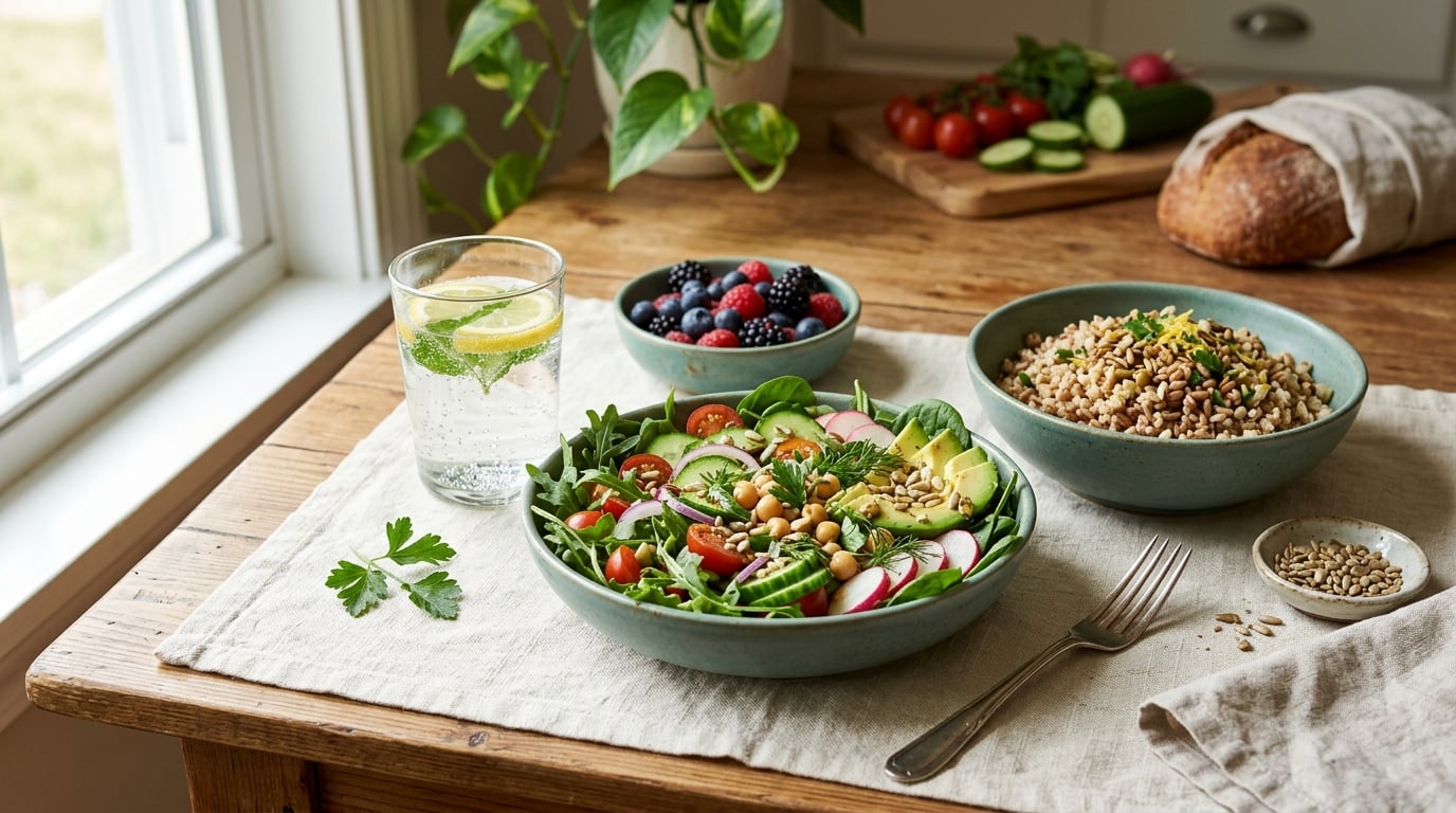 Fresh, energising wholefoods and water representing a plan for clearer energy and fewer headaches