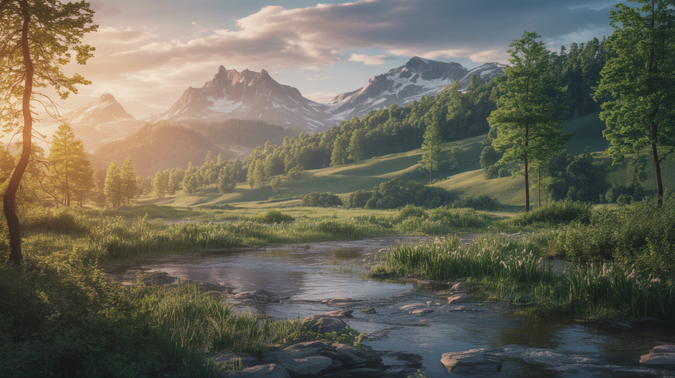 Majestic mountains with forests and flowing streams - spiritual transformation