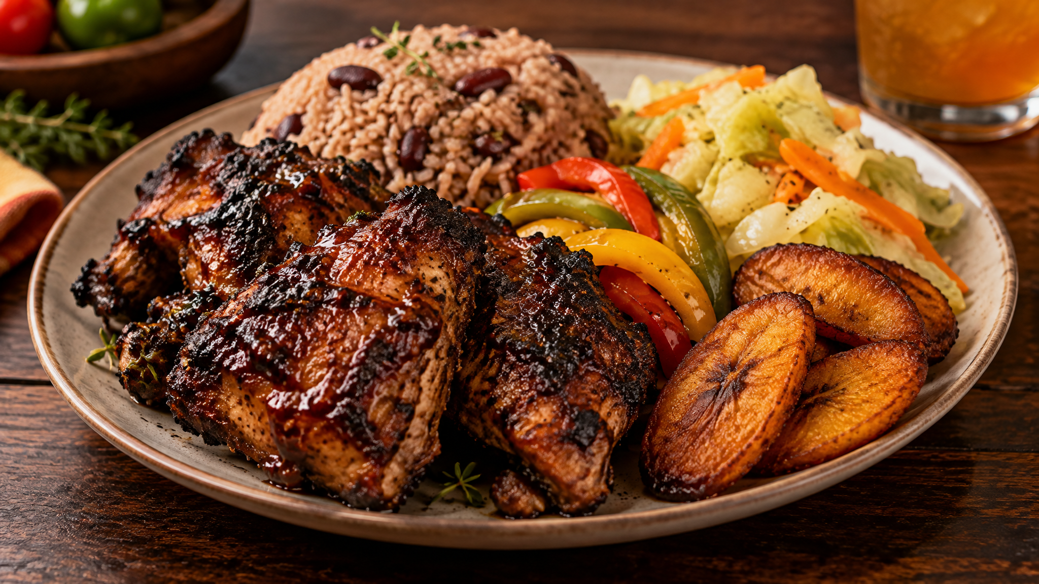Caribbean-style jerk chicken with rice and peppers