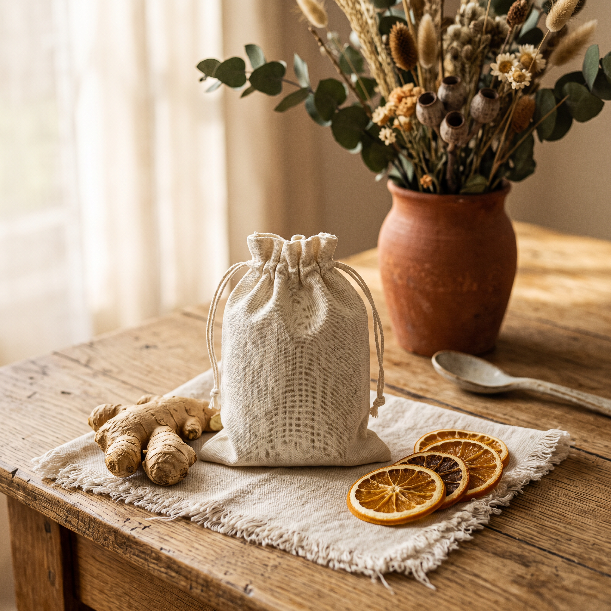 Cream tea pouch with fresh ginger root and dried orange slices on a wooden table in golden light