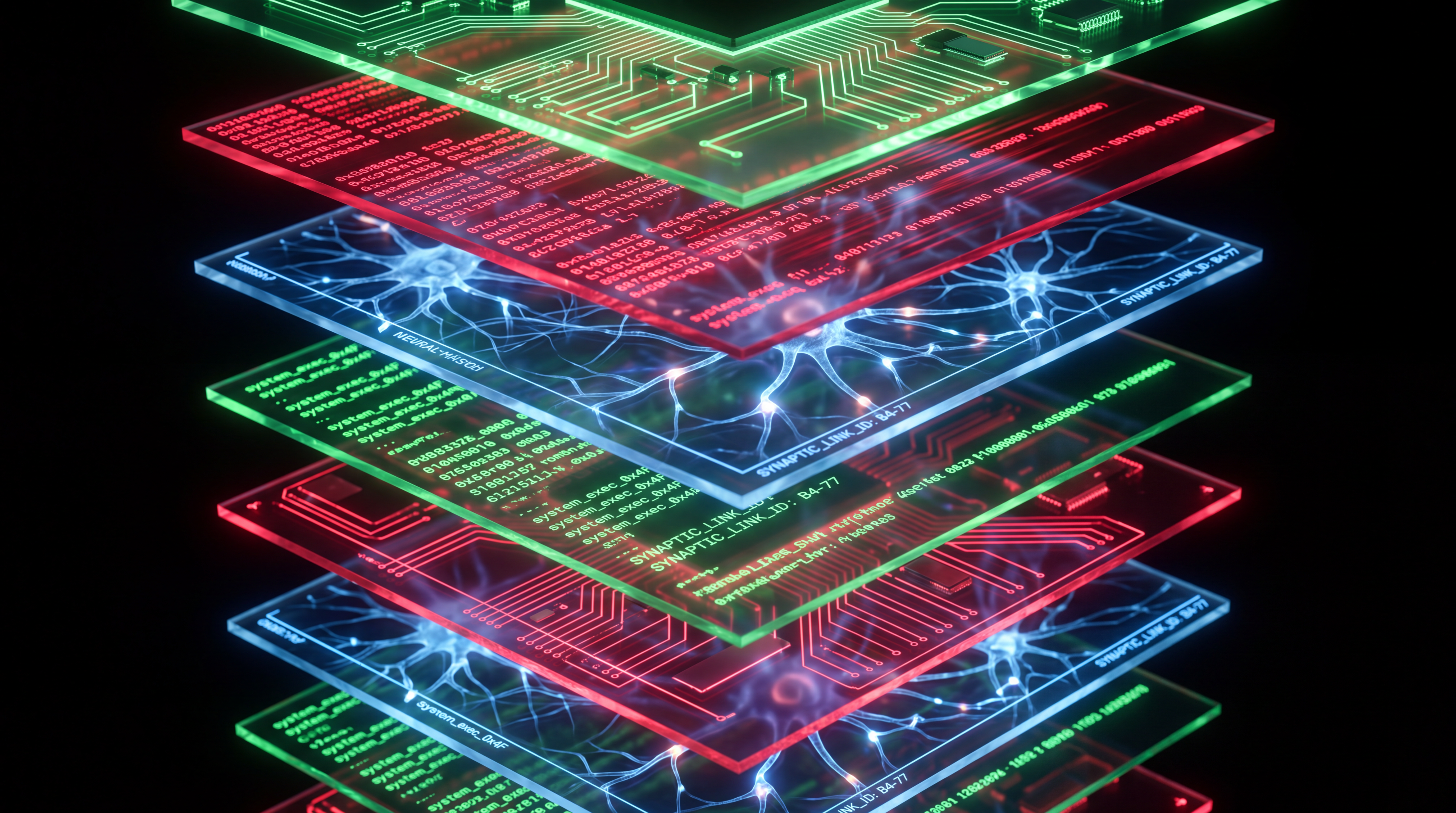 Layered translucent planes of circuits, code and neural patterns