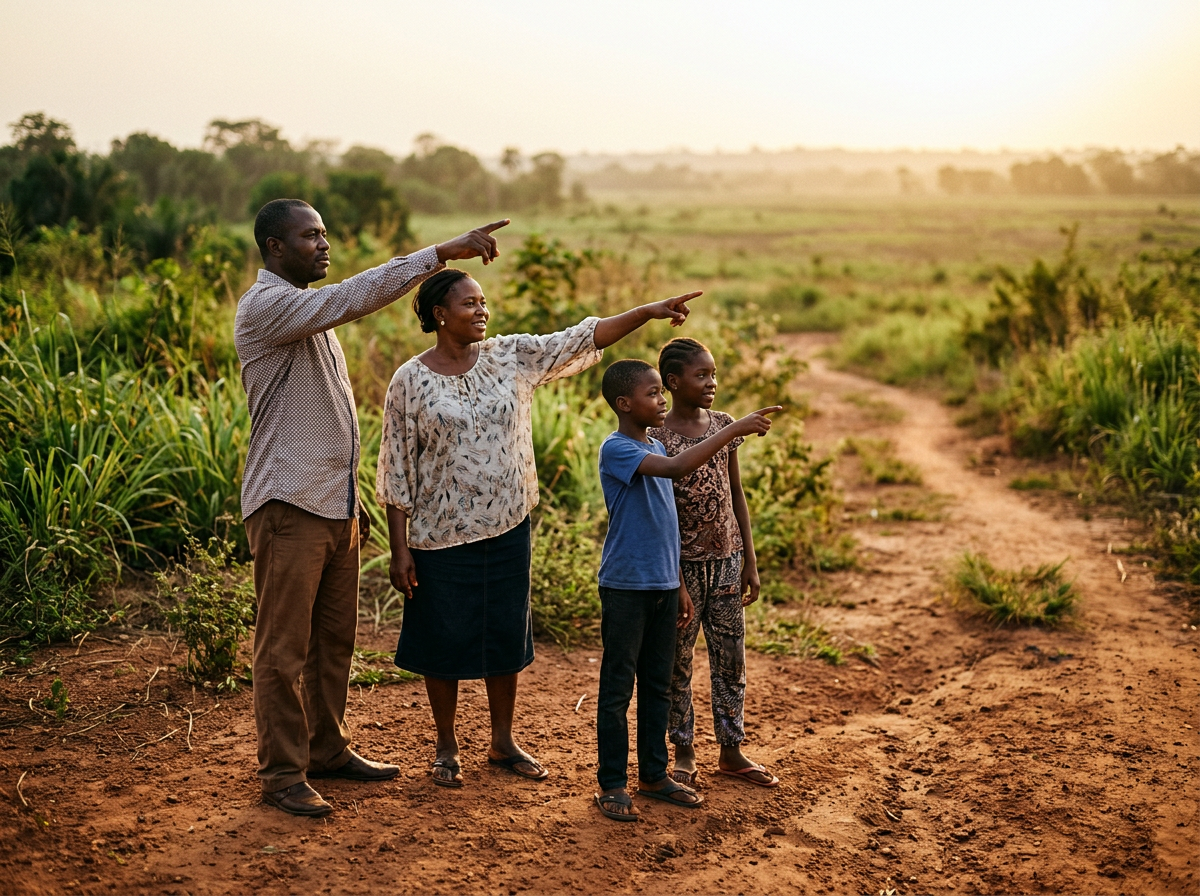 A family standing on open land in Delta State pointing toward the horizon