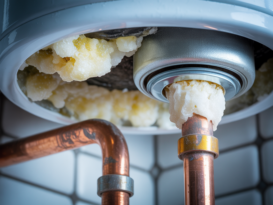Hard water mineral scale and calcium buildup damaging pipes and water heater elements