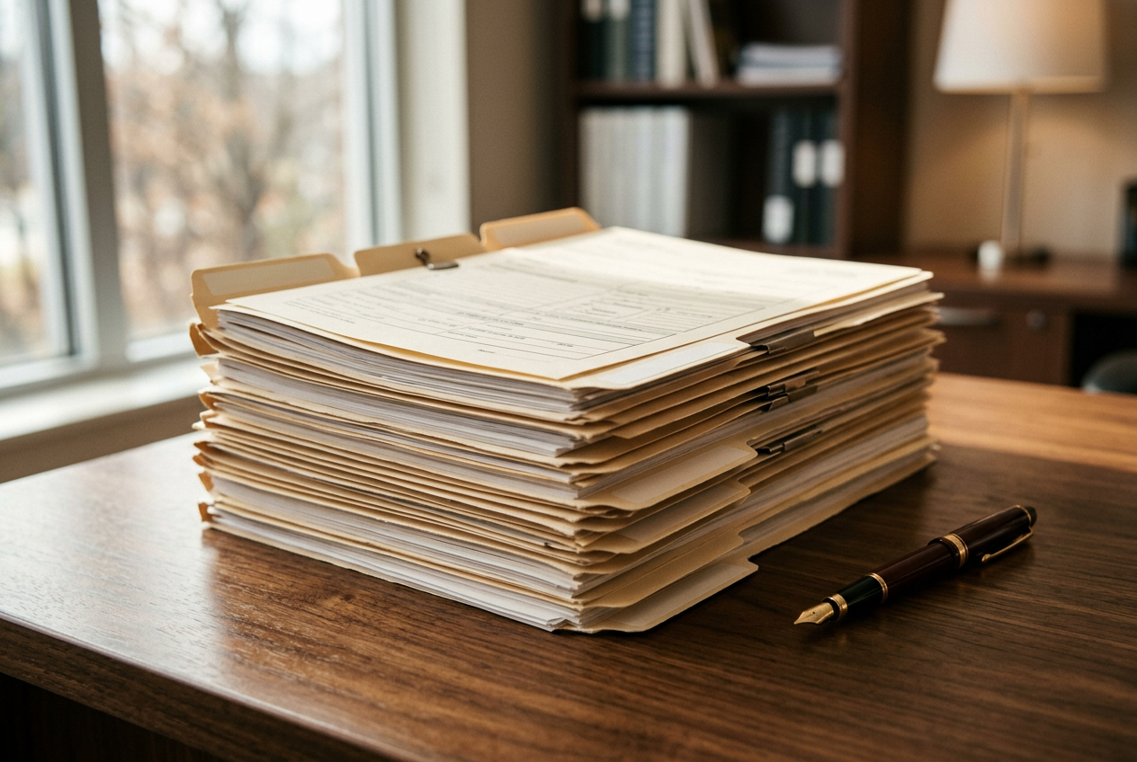 A neatly organized stack of medical record folders and documents on a wooden desk