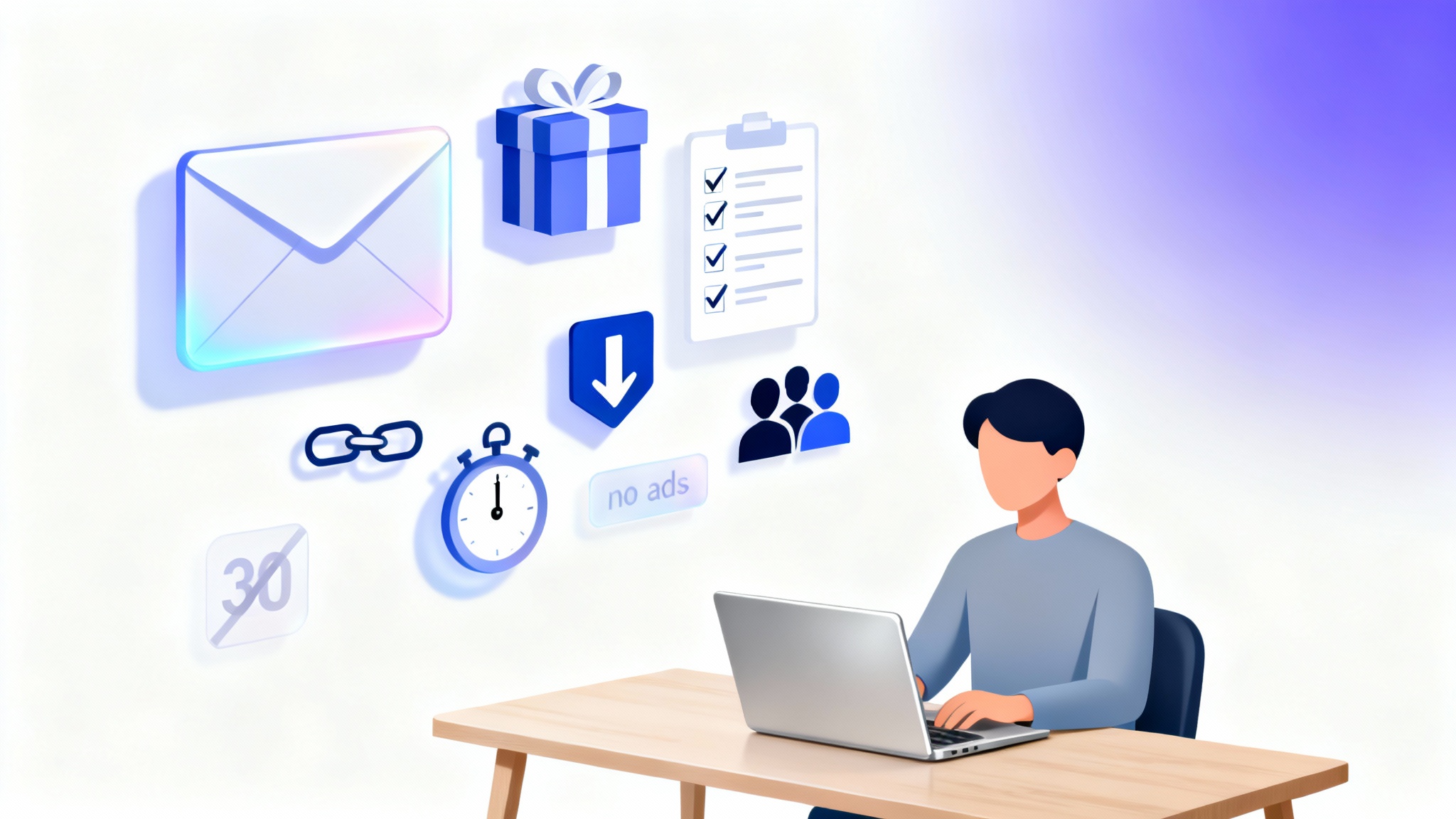 Lead Magnet Ideen Eltern – Minimalistische Illustration: Elternfigur am Laptop mit E-Mail, Geschenk, Checkliste und Stoppuhr