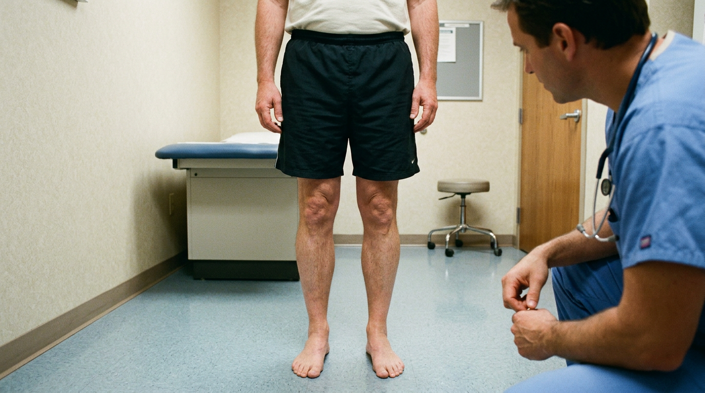 Clinical photograph of a patient standing while an examiner observes the weight-bearing alignment of both knees from the front